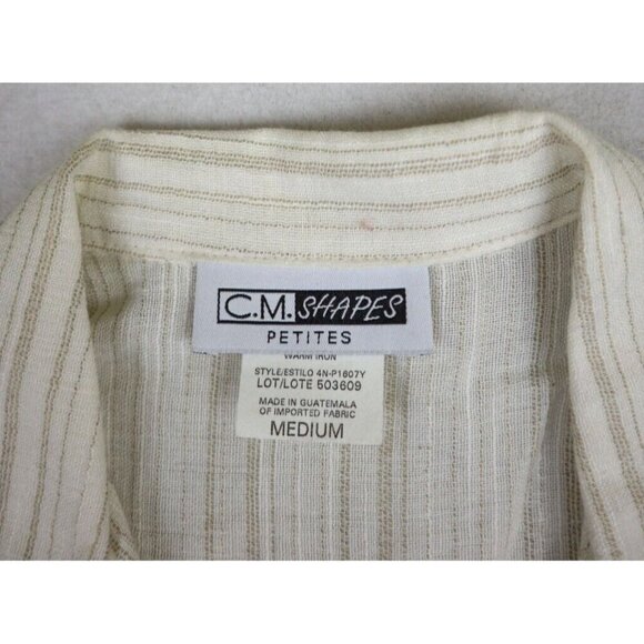 WOMEN'S BEIGE STRIPED SHORT SLEEVE BUTTON-UP TOP - CM SHAPES - BEADED FRINGE PM - Picture 7 of 10